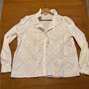 Sezane Chlo White Ruffle Button Front Embroidered Eyelet Top Sz 46 US 14 Organic